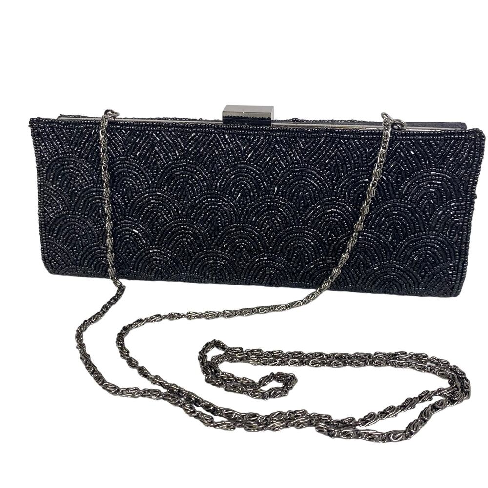 Jessica McClintock Black Beaded Evening Purse Chain Handle Goth Witchy Formal